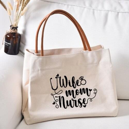 Wife Mom Nurse Printed Nursing Tote Bag Work Bag Gift for Mother Nurse Women Lady Fashion Beach Bag Shopping Bag Handbag