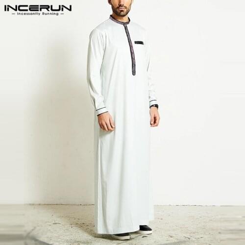 INCERUN Muslim Men Jubba Thobe Islamic Arab Kaftan Patchwork Stand Collar Long Sleeve Robes Dubai Middle East Men Clothes S-5XL