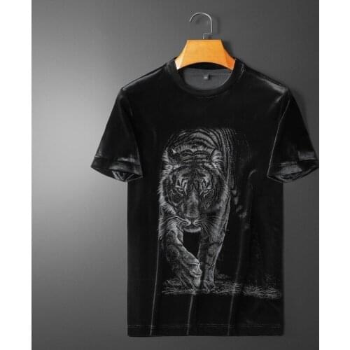 Fine autumn and winter mens gold velvet hot diamond tiger round neck half sleeve youth slim pure color T-shirt half sleeve
