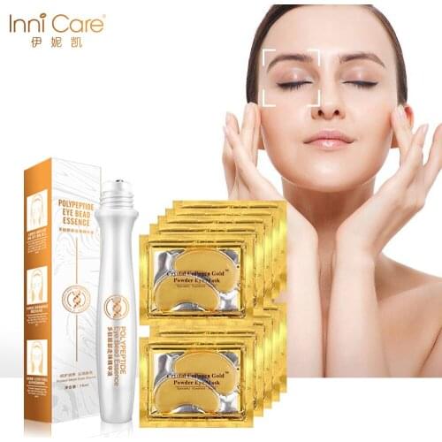 InniCare 10Pairs Gold Eye Mask and 1Pcs Rolling Eye Serum Combination Anti Aging Wrinkle Dark Circle Eyes Cream Skin Care