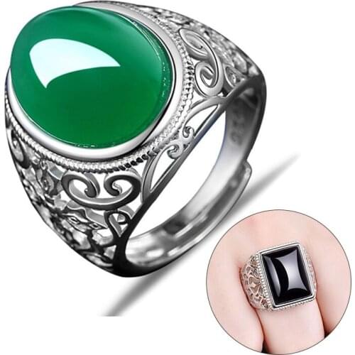 Newest Design Green Black Stone Rings for Women Hollow Out Metal Silver Plated Vintage Rings Fashion Jewelry Accessories Gifts