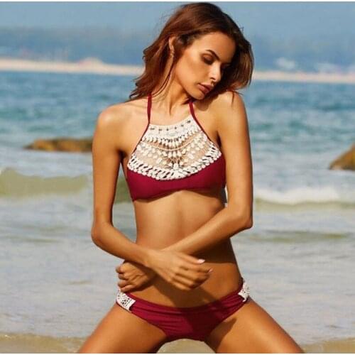 New Push Up Swimwear Female 2020 Summer Women Sexy Bikini Set Wine Red Lace Swimsuit Beachwear Bathing Suit Brazilian Biquinis