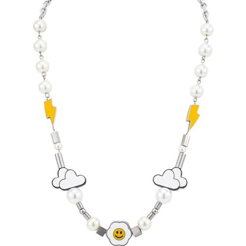 Charm Pearl Necklace Sun Could Flower Lightning Simle Face Pendant Stainless Steel Punk Neck For Women Men Party Jewelry