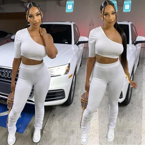 2021 Autumn Women Tracksuit Solid Color Two Piece Set One Shoulder Crop Top And Long Pencil Pants Sportsuit Clothes For Women