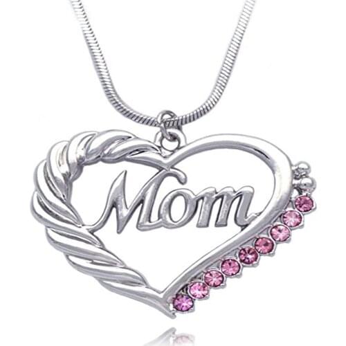 Double Nose New Trendy Mothers Day Gift Jewelry Hollow Heart Mom Words Crystal Charm Necklace In Snake Chain
