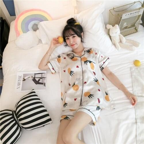 New faux silk pajamas womens summer short-sleeved cardigan lapel lapel two-piece home wear