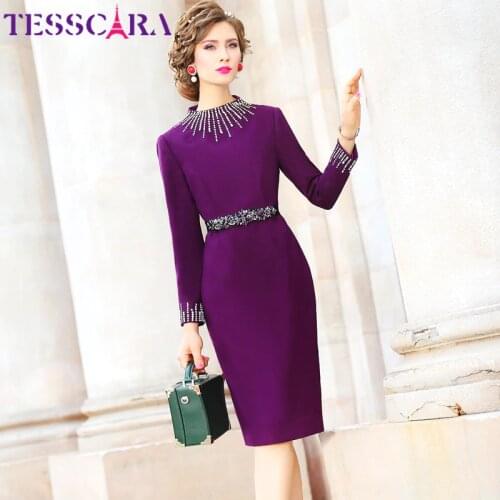 TESSCARA Women Autumn Luxury Beading Dress Festa Female Office Cocktail Party Robe High Quality Vintage Designer Pencil Vestidos