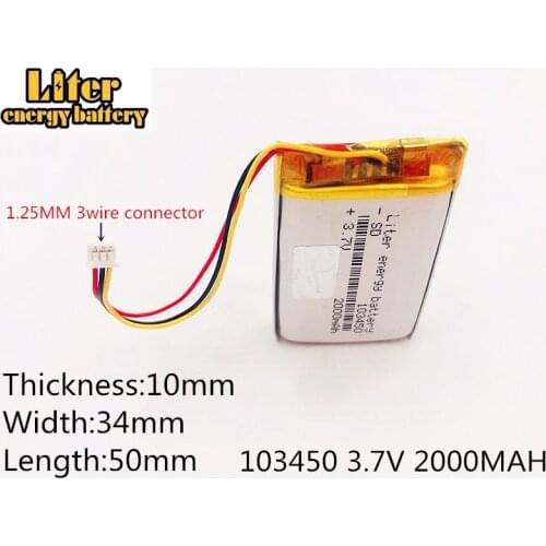1.25mm connector 103450 3.7V 2000MAH lipo polymer lithium rechargeable battery GPS navigator DVD recorder headset e-book camera