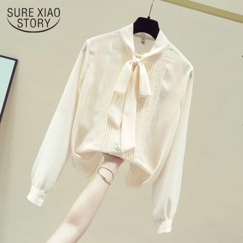 Long Sleeve Bow Tie Shirt 2020 Autumn and Winter New Fashion Women Clothing Loose Chiffon Lace Shirt Womens Blouse Tops 11224