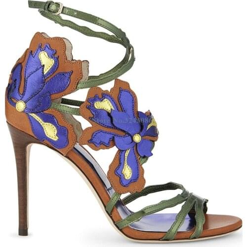 Open Toe Flower Thin High Heel Sandals Green Leather Buckle Strap Stiletto Heel Sandals Elegant Women Banquet Shoes Party Shoe