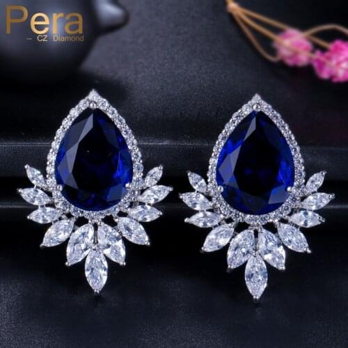 Pera European Style Marquise Cubic Zirconia Stone Paved Setting Women Party Big Stud Blue Earrings With White Gold Color E245