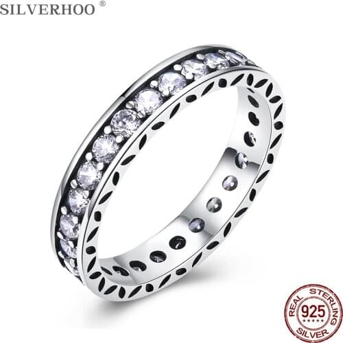 SILVERHOO 925 Sterling Silver Vintage Rings For Women Full 5A+ Cubic Zirconia Engagement Wedding Ring Personality Fine Jewelry