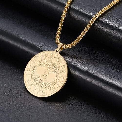Skyrim Vintage Viking Tree of Life Runes Necklace Stainless Steel Statement Long Box Chain Amulet Necklaces Jewelry Gift for Men
