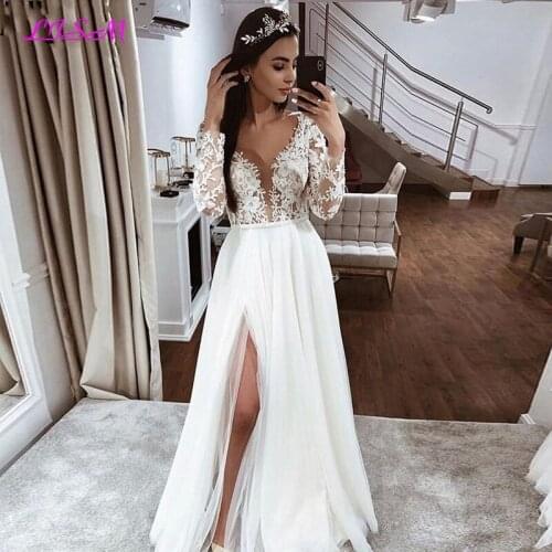 Long Sleeves Wedding Dress V-Neck Lace Appliques A-Line High Side Split Tulle Boho Wedding Gowns Custom Made Bridal Dresses
