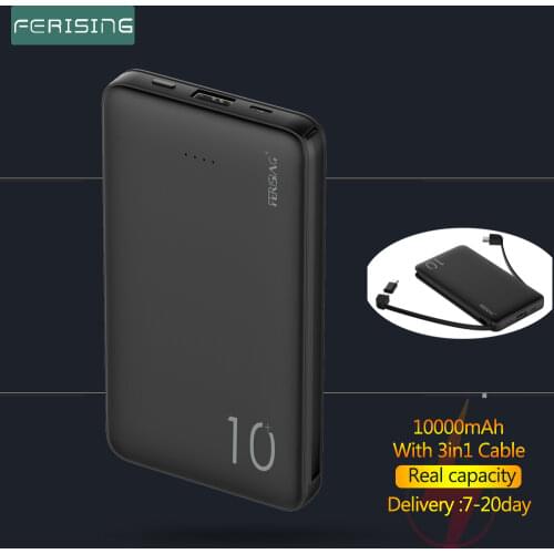 FERISING Power Bank 10000mAh USB With 3in1 Cable Portable Charger PowerBank External Battery For iPhone 12 Huawei Xiaomi Mi 10