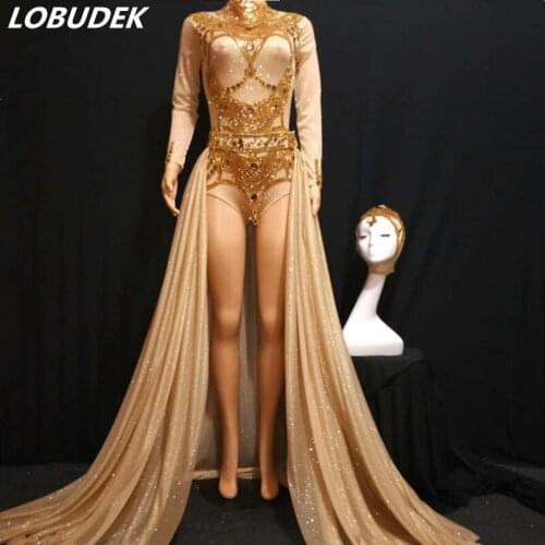 High-end Gold Long-Sleeved Bodysuit Long Trailing Dance Clothing Fashion Women Singer Host Stage Performance Costume Stage Wear