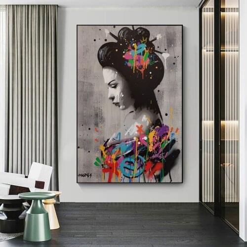 Japanese Geisha Graffiti Art Art Posters and Prints Sexy Woman Canvas Paintings On The Wall Interior Living Room Decor Picture