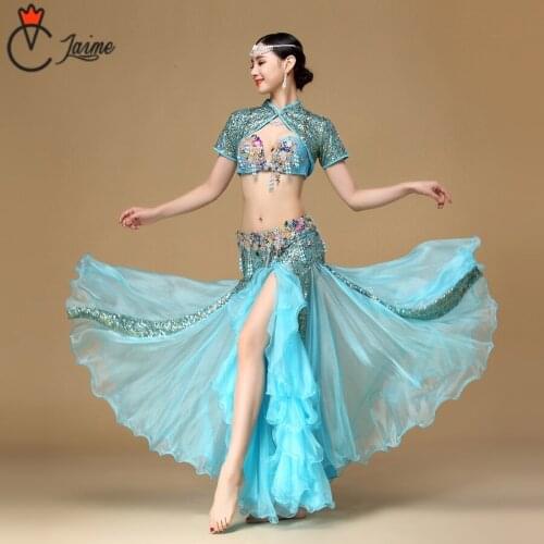 Sparkling sequinPerformance Egyptian Bellydance Clothes Outfit C/D Cup Maxi Skirt Belly Dance Costume Set with Sleeveless Jacket