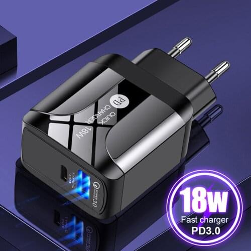 18W USB+PD Charger QC 3.0 Quick Charge EU UK US Plug Adapter For iPhone 12 Huawei Xioami Mobile Phone Fast Chargin USB Charger