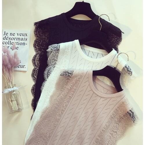 2018 New Summer Women Mesh T Shirt Sleeveless O-Neck Lace Knitted Patchwork Tops Female Chic Solid T-Shirt Elastic Vest