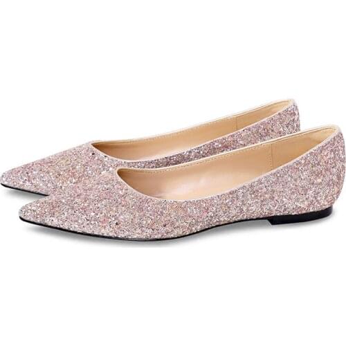 2021 Wedding Shoes Woman Shallow Pointed Toe Flats Glitter Shallow Slip On Comfy Loafers Bling Moccasins Pink silver F018