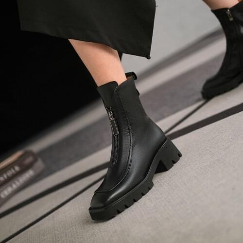 New Women Boots Fashion Genuine Leather Zip Ankle Boots 2021 Winter Square Toe Thick Heel Handmade Women Shoes Zapatos De Mujer