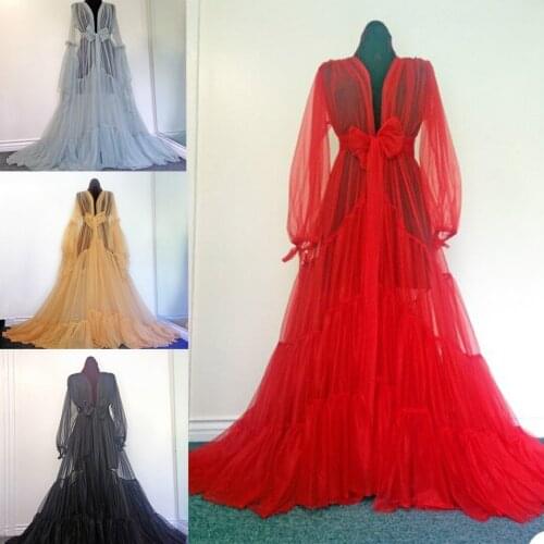 Ladies Tulle Evening Dresses Robes for Photo Shoot Baby Shower Sexy Long Sleeves Ruffle Women Dress Photography Robe Custom Made