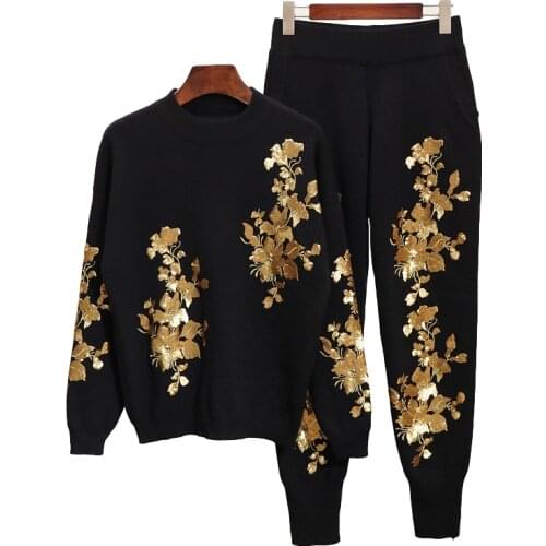 Autumn Women Sequins Flowers Sweater Set Long Sleeve Ladies Knit Pullover Tops + Trousers Winter Fashion Pants Female Tracksuit