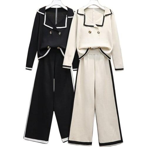 PERHAPS U Women V Neck Knitted Single Breasted Cardigan Black Beige Full Length Wide Leg Pants Two Piece Set Elastic T0302