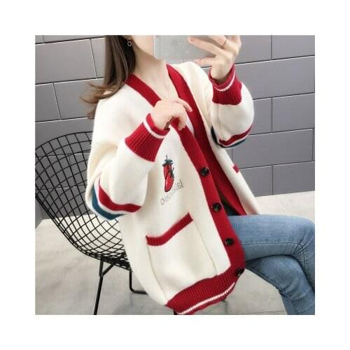 Autumn New Cute Strawberry Print Knit Female Cardigan V Neck Knitted Sweater Coat Loose Single-Breasted Knit Cardigan Jacket