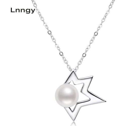 Lnngy 925 Sterling Silver Star Necklace 7.5-8mm Natural Freshwater Pearl Star Pendant Necklace Women Necklace Elegant Gifts