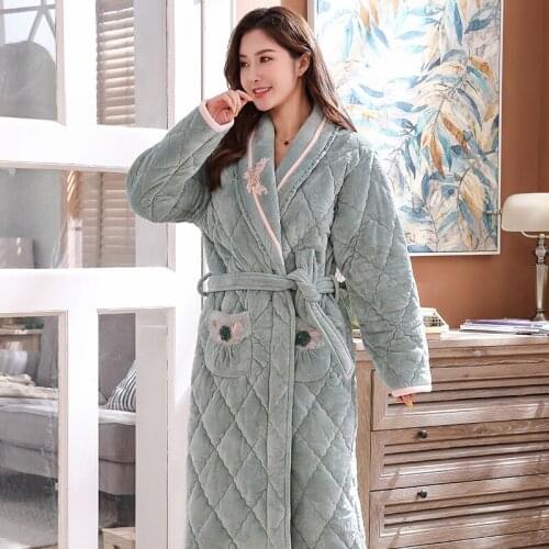 Winter Coral Velvet 3Layers Quilted Bathrobe Women Pajamas Womens Nightgowns Flannel Warm Robe Sleepwear Plus Size Womens Robes