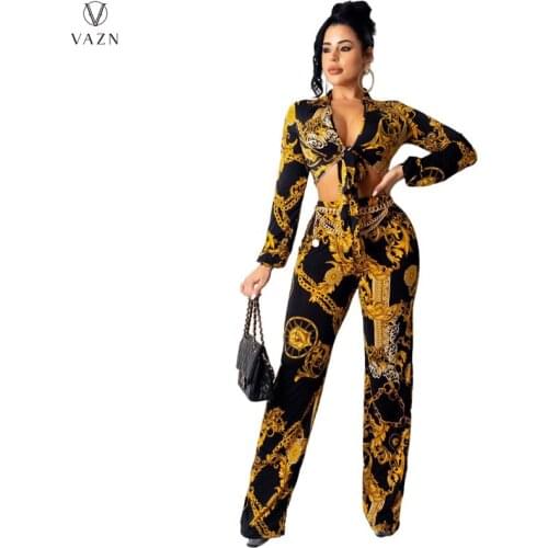 VAZN 2021 Lady Fashion New Sexy Girl Style Sets Long Sleeve Lapel Short Top Elastic Long Pants Printed 2 Piece Sets