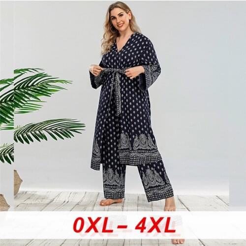2020 Print 2 Pieces Set for Women Plus Size Long Sleeve Cardigan Belted Kimono Top Long Pants Arabic Turkey Casual Set Homewear