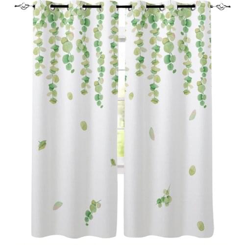 Watercolor Eucalyptus Leaves Plant Green White Window Curtains Living Room Bedroom Kitchen Curtain Drapes Window Treatment