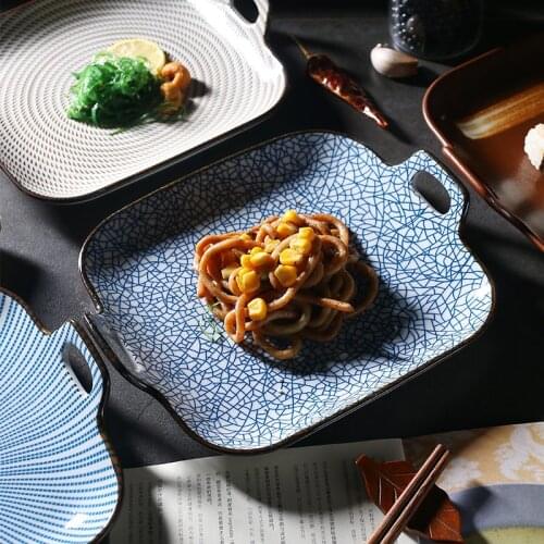 Japanese Style Under Glazed Dessert Plate Line Stripe Dinner Dishes with Double Handle Creative Square Steak Plate Dinnerware