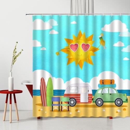 Cartoons Child Shower Curtain Cars Sandy Beach Ocean Sun Creativity 3D Printing Machine Washable With Hooks Bath Curtains Set