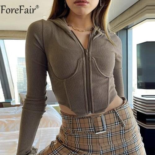 Forefair 2021 Brown Sexy Tube Corset Crop Top Y2k Long Sleeve Ribber Zipper Autumn Winter Tee Fashion Women T Shirts Casual