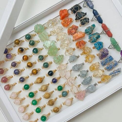 Various Colors Natural Stone Ring Handmade Golden Rings for Women Personality Fashion Jewelry Gift Adjustable Ring Wholesale