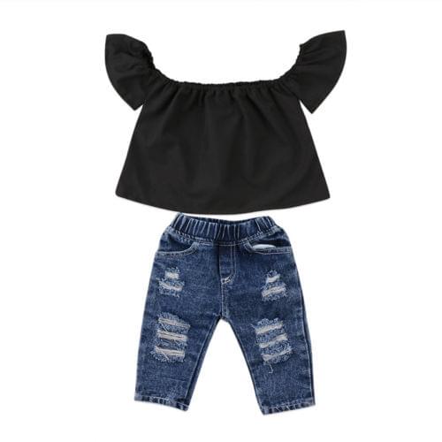 Kid Girls Clothing Set Toddler Kids Baby Girls Black Off Shoulder Tops +Hole Denim Long Pants Outfits Set