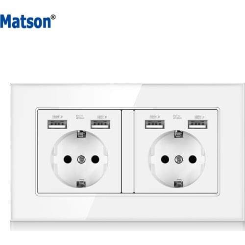 Wall Socket Mounted Glass Panel 16A Power Socket, EUStandard Multi Plug, with 2 USB Charging Ports, Hidden LED Indicator