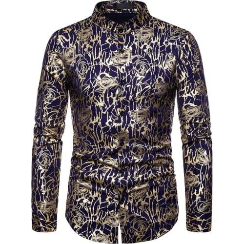 Mens Gold Floral Shirts Slim Fit Long Sleeve Dress Shirt Men Casual Button Down Shirts Party Wedding Shirt Male Chemise Homme