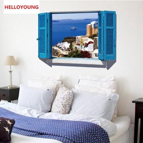 QT-0214 DIY Wall Sticker Blue Mediterranean Scenery Fake Window Wallpapers Art Mural Waterproof Bedroom Wall Stickers Home Decor