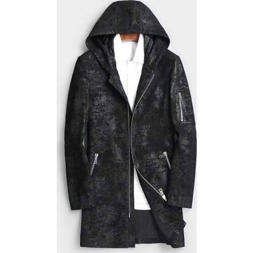 New autumn and winter mens leather jackets fur goatskin printed hooded casual long coat