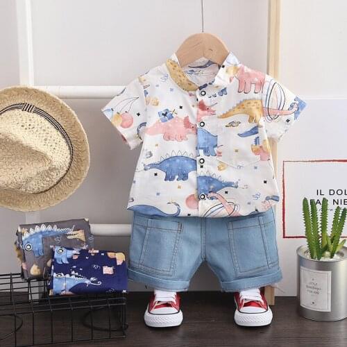 Baby boy clothes summer cotton short-sleeved suit boy cartoon dinosaur print shirt + denim shorts baby boy two-piece suit