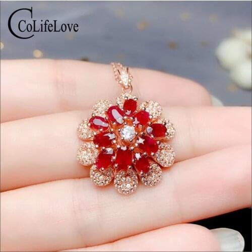 CoLife Jewelry 100% Natural Ruby Pendant 9 Pieces 3mm Round Ruby 925 Silver Ruby Jewelry Fashion Gemstone Pendant