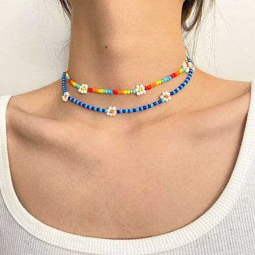 EN 2021 New Korean Fashion Sweet Colorful Little Daisy Acrylic Flowers Boho Beaded Clavicle Necklaces for Women Girls Jewelry