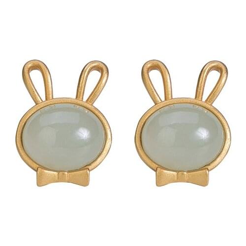 S925 sterling silver gold-plated natural Hetian jade ear studs cute simple exquisite and versatile rabbit womens earrings