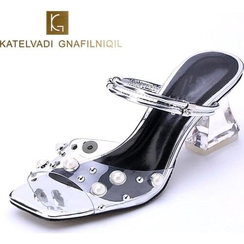 Summer Open Toe Silver Crystal Pearl Sandals Fashion Clear Transparent Sandals Woman 7.5CM Thick High Heels Ladies Shoes K-201