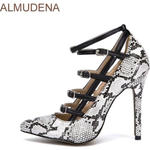 ALMUDENA European Style Grey Snakeskin Printed Sexy Pumps Cross Strappy Dress Shoes Buckle Strap Patchwork Python Pumps